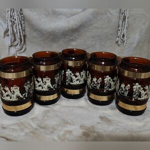 1970's Siesta-Ware Football Amber Glass & Wood Mug Set Of 5